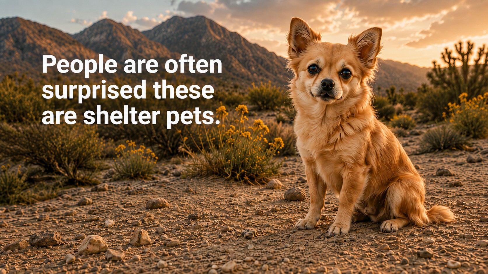 A small tan adoptable dog sitting in the desert at sunset, beside the line: People are often surprised these are shelter pets.