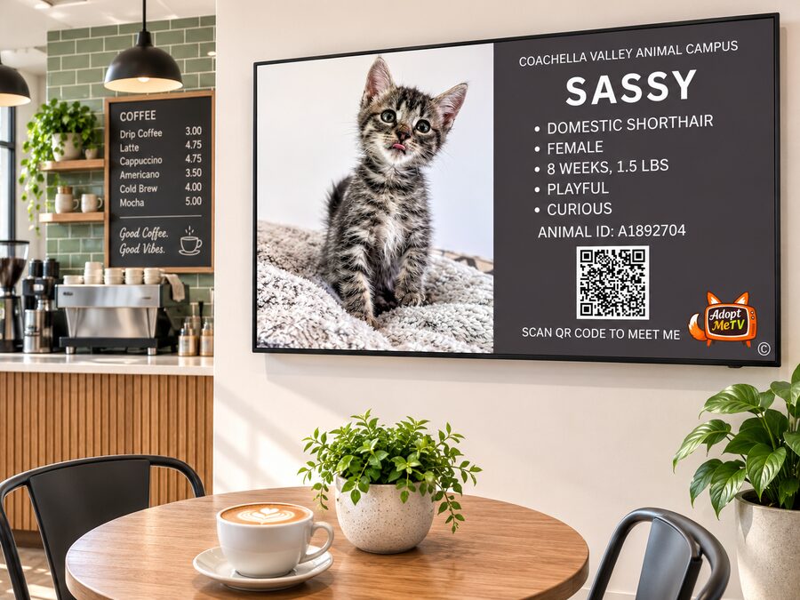 An AdoptMeTV screen featuring Sassy, an adoptable kitten, in a local cafe