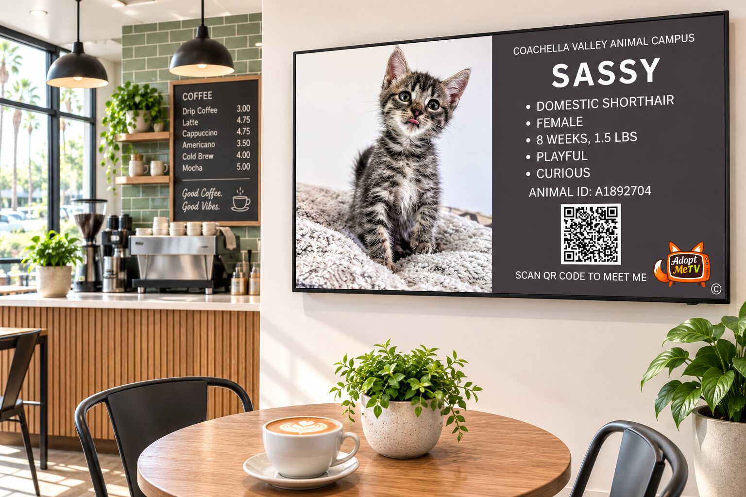 AdoptMeTV screen featuring Sassy, an adoptable kitten, in a local cafe